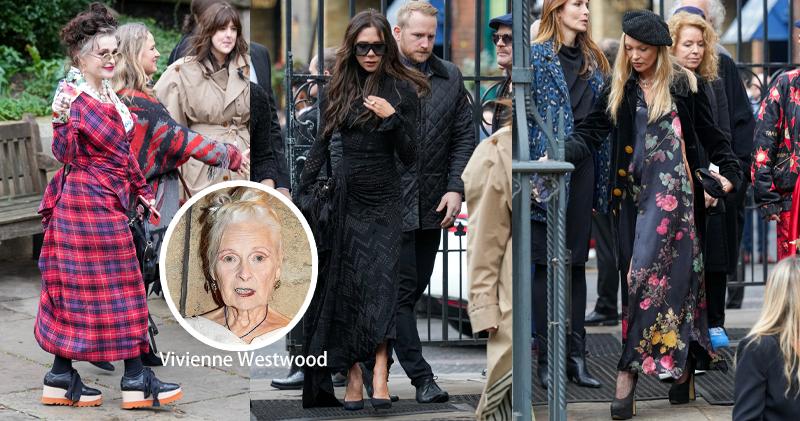 Vivienne Westwood追思會昨日舉行，海倫娜寶咸卡達（左圖）、「碧咸嫂」維多利亞（中圖）及名模姬摩絲（右圖）現身。（Getty Images/路透社）