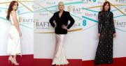 《龍之家族》奧莉菲亞谷卡穿著白色的John Galliano ，《奇異女俠玩救宇宙》珍美李寇蒂絲選擇Saint Laurent，《權力遊戲》蘇菲端納則是Louis Vuitton粉絲。（法新社/Getty Images）