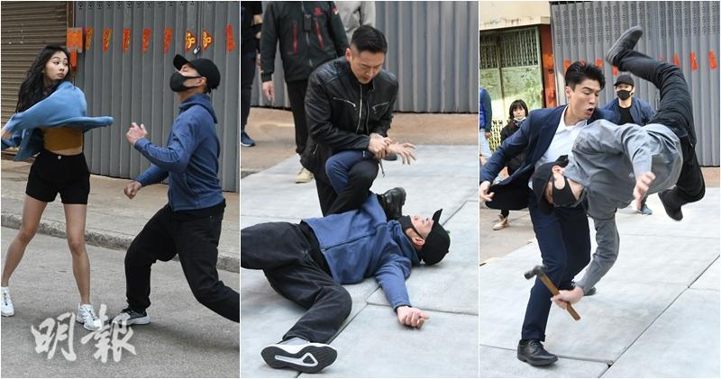 張振朗、郭柏妍、丁子朗今日到油麻地街頭拍攝《奪命提示》一場打鬥戲。（林祖傑攝 / 明報製圖）