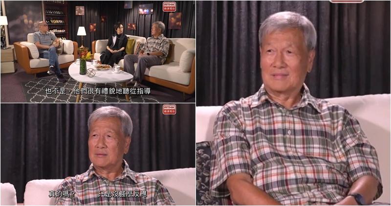 劉江表示在無綫拍劇時，一班年輕演員也很願意聽意見，只是沒什麼進步。（香港電台網上視頻截圖 / 明報製圖）
