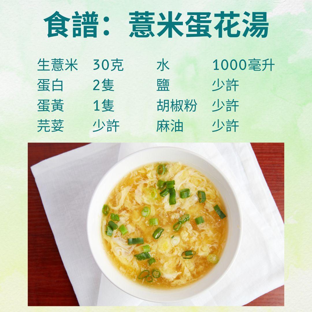 中醫湯水食譜：薏米蛋花湯（明報製圖）