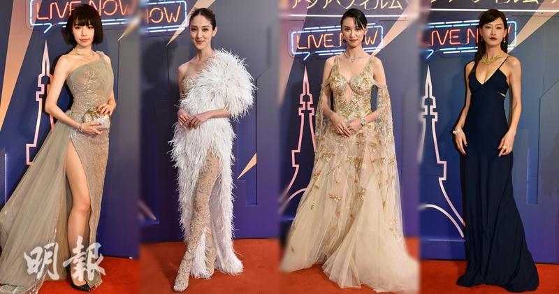 王丹妮、廖子妤在今晚有份出席《第十六屆亞洲電影大獎》的女星當中最性感，林明禎、陳凱琳靠長腿搶鏡。（鍾偉茵攝 / 明報製圖）