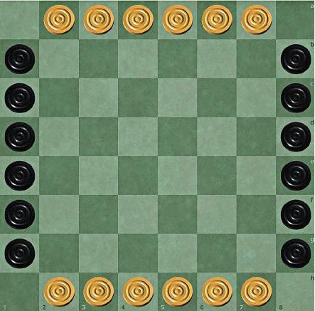 Lines of Action開局時兩方棋子分佈四邊，玩家需把自己的棋子連在一起，常見有「城牆戰術」在棋盤中把棋排成一列阻礙對手。（受訪者提供）