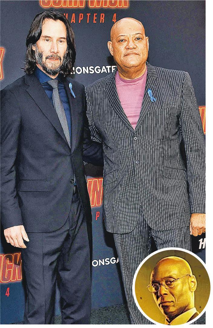 奇洛李維斯（左）和羅蘭士費斯賓（右）出席《殺神John Wick 4》洛杉磯首映禮，均戴上藍絲帶悼念拍檔蘭斯列迪克（圓圖）。（法新社）