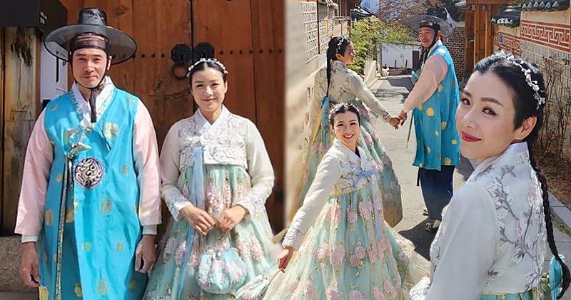 陳豪、陳茵媺齊齊穿上傳統韓服遊位於韓國首爾的北村韓屋村。（陳茵媺Ig圖片 / 明報製圖）