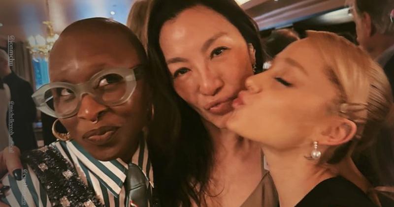 經理人為楊紫瓊（中）在倫敦舉行慶功派對，新片《女巫前傳》拍檔辛菲亞艾利和（左）及Ariana Grande（右）到賀。（網上圖片）