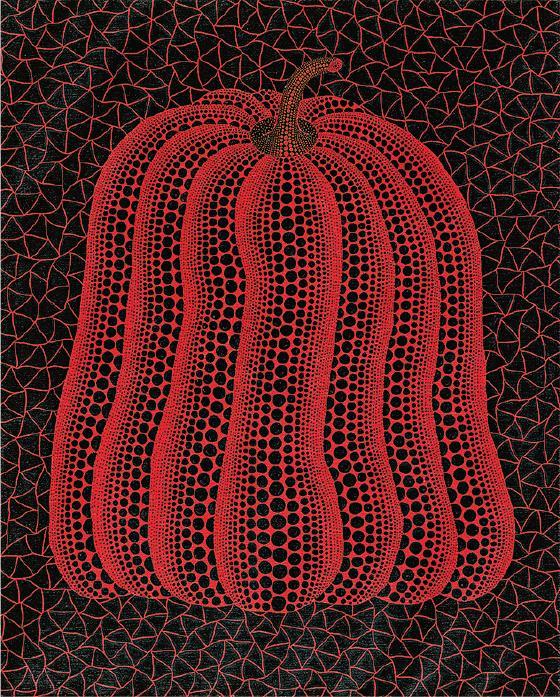 《南瓜》--作者：草間彌生，創作年份：2005規格：壓克力、畫布（91.5×73.2厘米），估價：2500萬至3500萬元，特色：作者的南瓜作品最早可追溯到1948年。此作的紅色南瓜以藝術家標誌圓點點綴，位於黑色背景紅色網的中央（拍賣行提供）