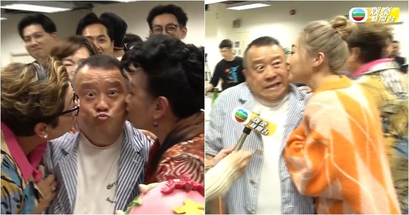 曾志偉生日獲多位女藝人送吻。（TVB娛樂新聞台視頻截圖/明報製圖）