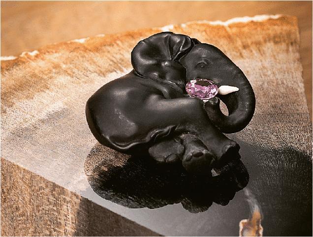 Éléphant Noir胸針--Beautés du Monde高級珠寶系列Éléphant Noir胸針，18K白色黃金，石化木蘭花木，鑲嵌1顆圓形馬達加斯加粉紅色藍寶石（1.52卡）、梨形鑽石、水滴形切割鑽石、圓形明亮式切割鑽石（品牌提供）