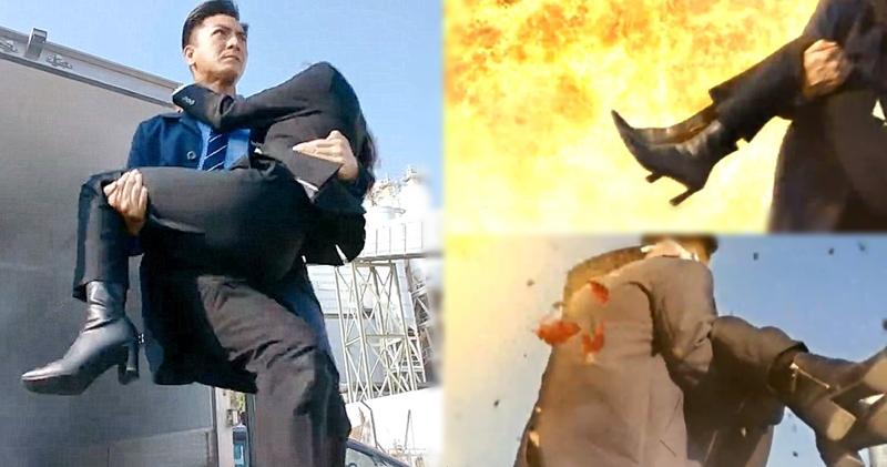馬國明飾演的Ocean在《隱形戰隊》大結局中抱走唐詩詠飾演的阿寶時，阿寶竟在短短的5秒鏡頭內換了3對鞋踭不同的鞋。（無綫電視網上視頻截圖 / 明報製圖）