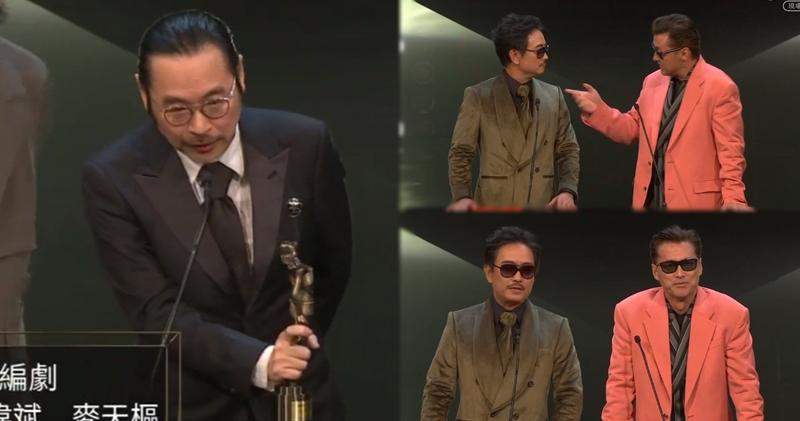 韋家輝（左圖）第3度奪得最佳編劇：謝君豪和王敏德頒發最佳音響效果。（ViuTV電視圖片）