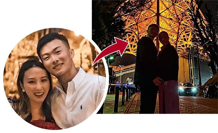 何超雲（上圖右）跟未婚夫Douglas在東京鐵塔下甜蜜合照。（網上圖片）