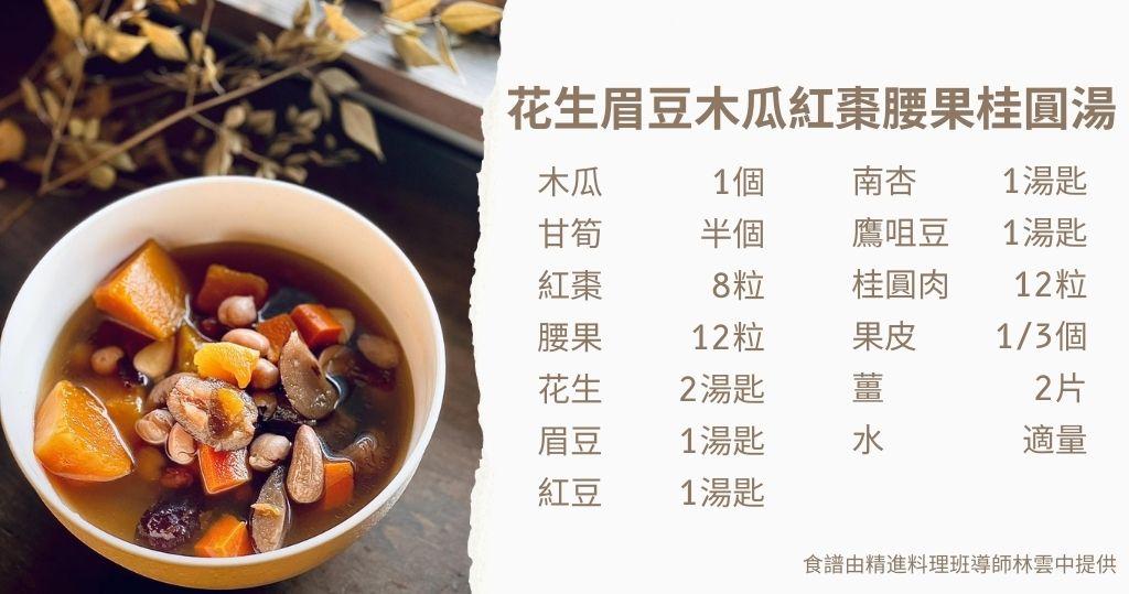 素湯食譜：花生眉豆木瓜紅棗腰果桂圓湯（圖片由受訪者提供/明報製圖）