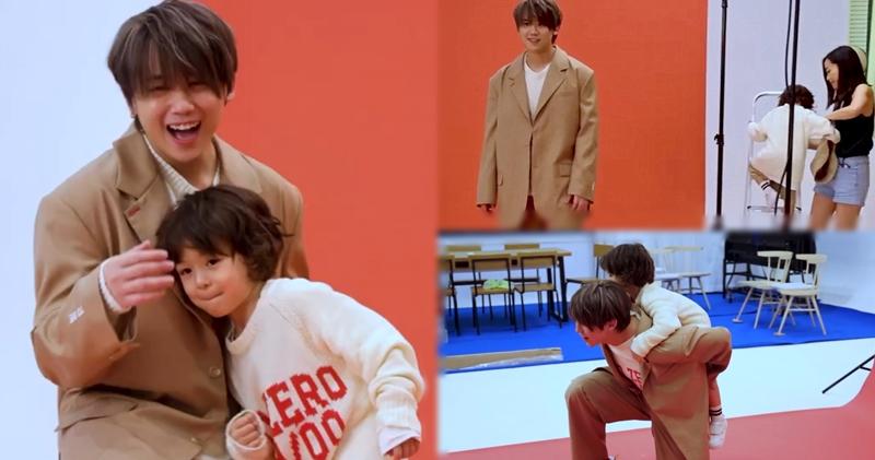 姜濤為個人服裝品牌影宣傳相時，對一同拍攝的小男模冇晒符。（TO ZERO OFFICIAL Ig圖片 / 明報製圖）