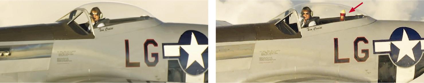 湯告魯斯駕駛飛機拍片賀英王加冕（左圖），包含謝辭的相似片段則在MTV影視頒獎禮播放，所不同的是後者多了獎座（右圖箭嘴示）放在機艙。（影片截圖）
