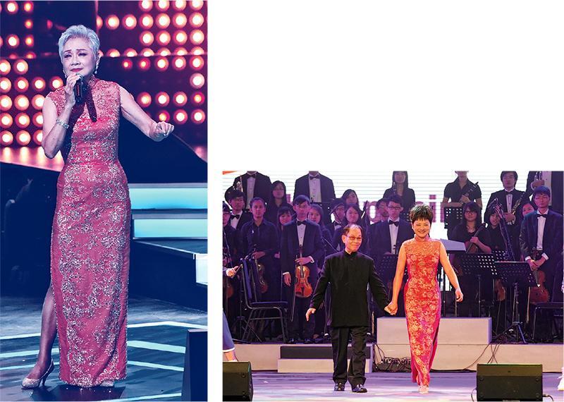 葉麗儀上周出席《十大中文金曲頒獎音樂會》（左圖），刻意穿上13年前與顧嘉煇合作演繹《上海灘》的旗袍（右圖），再唱金曲向煇哥致敬。（資料圖片）