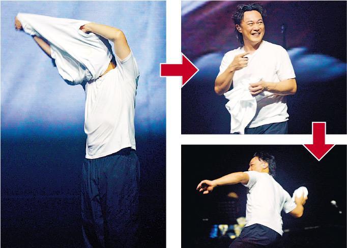 歌迷起哄下，陳奕迅在台上除衫，將T恤拋落台。