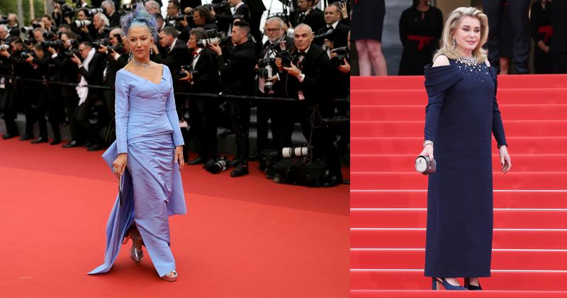 金像影后海倫美蘭（左圖）染了藍色頭髮配合身上的Del Core同色晚裝；法國女星嘉芙蓮丹露則一貫高貴打扮現身。（法新社／Getty Images）