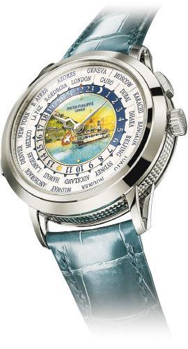 世界時間三問——編號5531G-001珍稀手工藝世界時間三問腕表是首款世界時間三問白金腕表。表盤中央為大明火掐絲琺瑯勾勒的日內瓦湖蒸汽船。（品牌提供）