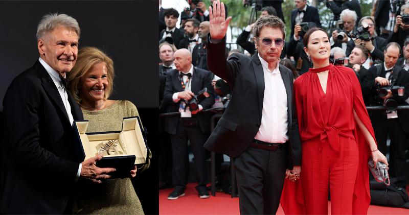 《奪寶奇兵之命運輪盤》首映，夏里遜福獲驚喜頒發榮譽金棕櫚獎（左圖），鞏俐與丈夫Jean-Michel Jarre（右圖）亦到場見證。（法新社/Getty Images）