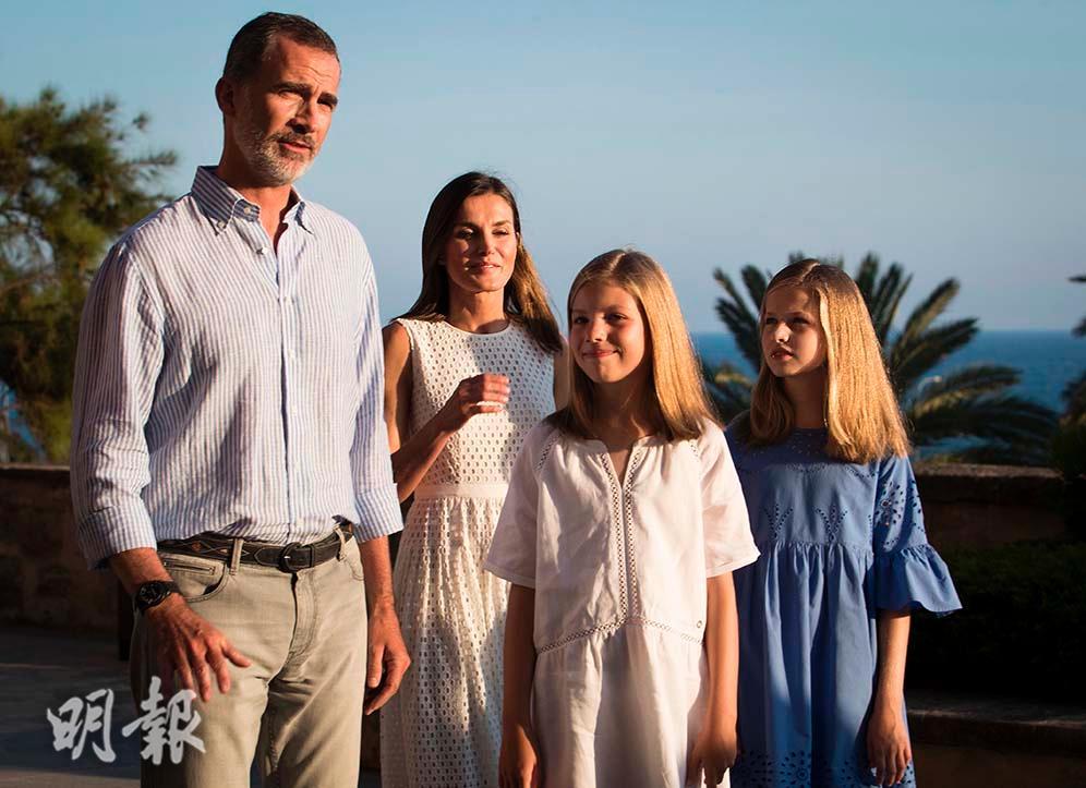2018年7月29日，（左起）國王費利佩六世（Felipe VI）、王后萊蒂西亞（Queen Letizia）、小公主蘇菲亞（Princess Sofia）、長公主萊昂諾爾（Princess Leonor）（法新社）