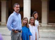 2018年7月29日，（左起）國王費利佩六世（Felipe VI）、長公主萊昂諾爾（Princess Leonor）、小公主蘇菲亞（Princess Sofia）、王后萊蒂西亞（Queen Letizia）（法新社）