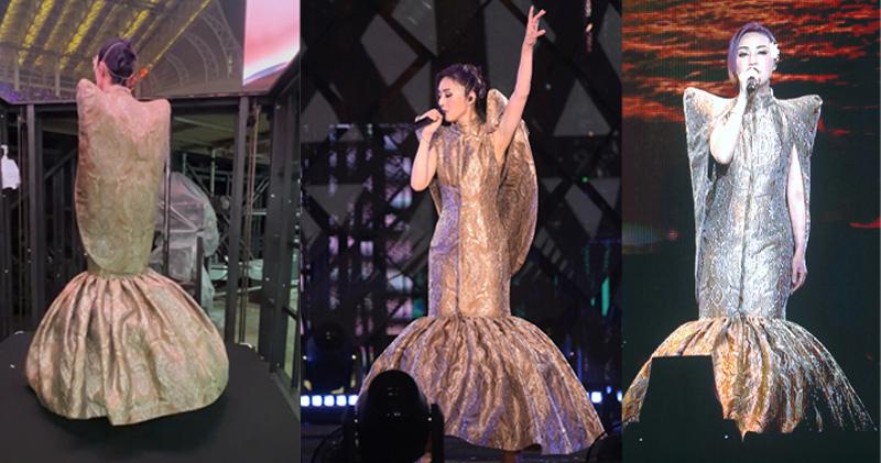 楊千嬅在廣州演唱會穿著的魚尾裙歌衫又惹熱議。（網上圖片 /資料圖片/明報製圖）