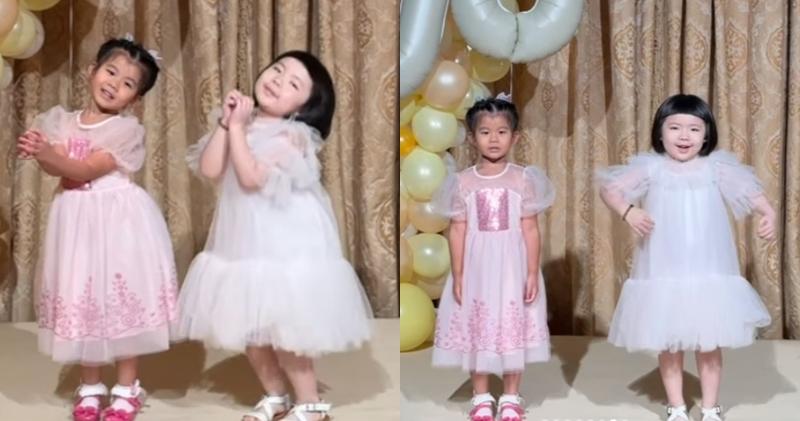 Lucy和另一位小女孩一齊跳Blackpink成員Jisoo歌曲《Flower》的「開花舞」，跳得似模似樣。（Ig影片截圖）