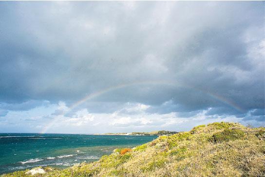 羅特尼斯島偶爾會迎來一兩場驟雨，整條彩虹就在海岸邊出現。（卓文慧攝）