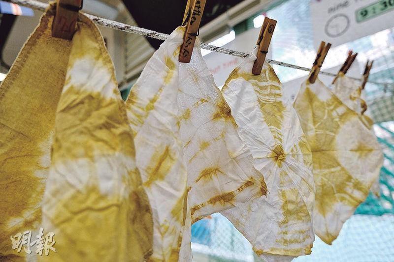 黃色圖案——洋葱皮紮染出來的小毛巾有各種黃色圖案。（學校提供）