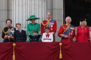 2023年6月17日英王查理斯三世官方壽辰日，一眾王室成員在白金漢宮陽台觀看空軍表演。圖見王儲威廉一家、英王（右二）、王后（右一），以及安妮公主（後排左一）。（法新社）