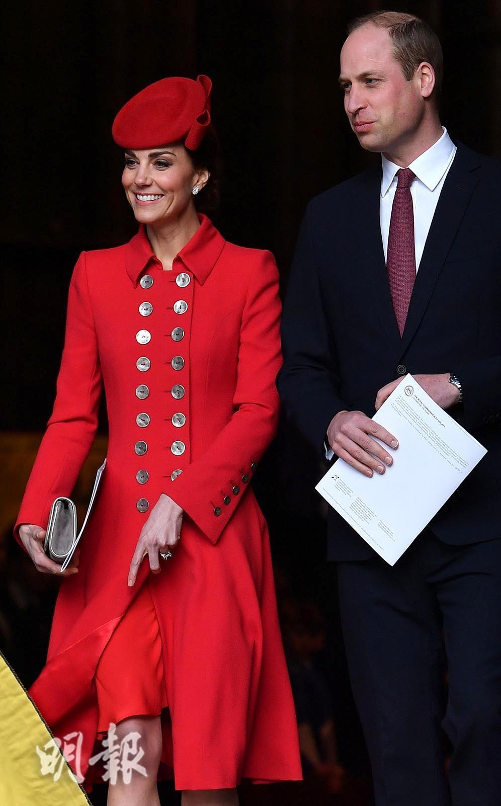 2019年3月11日，英國劍橋公爵伉儷威廉王子（右）和凱特（左）在西敏寺出席英聯邦日紀念活動（Commonwealth Day service）。（法新社）