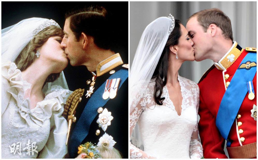 威廉王子及凱特於2011年4月29日舉行結婚，二人深情一吻（右圖）令人印象深刻。左圖為查理斯王子與已故王妃戴安娜當年結婚時親吻。（資料圖片）