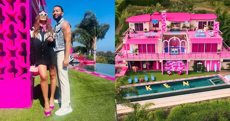 John Legend和太太Chrissy Teigen（左）帶同子女入住Airbnb的芭比粉紅豪宅。（網上圖片/路透社）