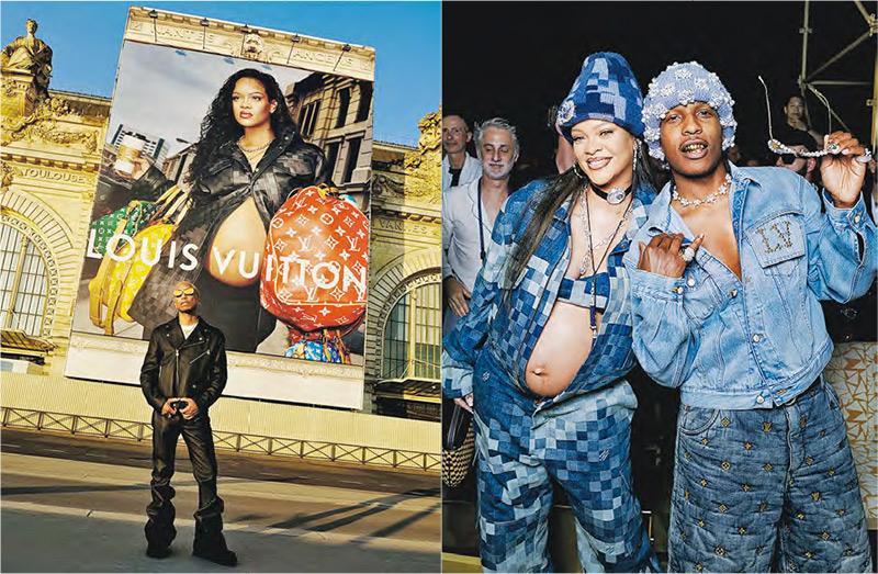 大肚現身——無性別衣著是Pharrell的標記之一，雖以「男裝」為名，但率先找來Rihanna為時裝騷拍攝海報（左），突顯衣服適合兩性；在丈夫A$AP Rocky陪同、挺着大肚現身的Rihanna（右），亦成為騷場焦點。（左，pharrell Instagram圖片/右，品牌提供）