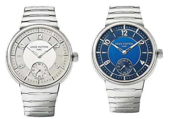 精鋼款——配搭銀灰色或藍色表盤的精鋼款Tambour腕表，簡潔的顏色配搭更能突顯腕表的立體層次。各$144,000（品牌提供）