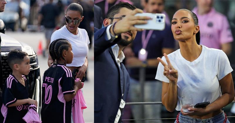真人騷女星Kim Kardashian帶同子女入場睇波（左圖），遇到粉絲要求合照，她亦交足功課（右圖）。（法新社）