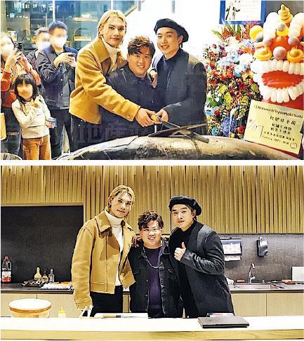 李駿傑（左起）、肥仔和柳應廷去年合資在將軍澳開設中高檔日本餐廳，3人出席開幕禮（上圖）和在店內（下圖）留影。（網上圖片）