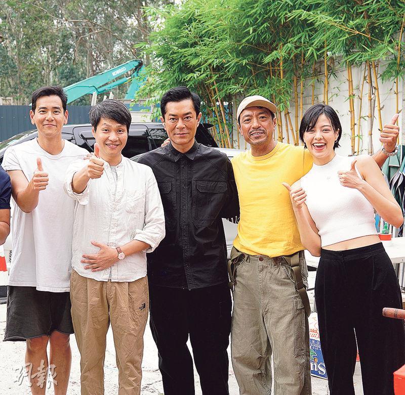 彭于晏（左起）、導演唐唯瀚、古天樂、姜皓文、盧慧敏日前出席新片《守闕者》開鏡拜神。