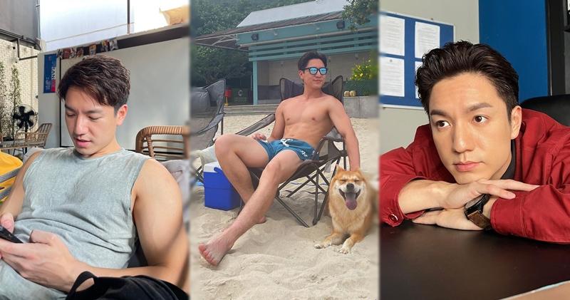 吳偉豪和愛犬在沙灘耍樂，吳的身形又弗又大隻。（Ig圖片）