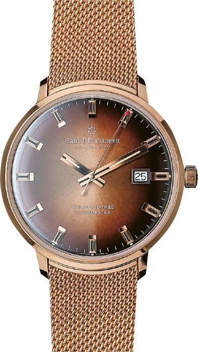 玫瑰金表殼--Heritage Chronometer Celebration瑞士官方天文台認證腕表的設計靈感源自戰後1960年代，網狀表帶感覺復古，18K玫瑰金表殼配棕色表盤限量88枚。$169,800（黃志東攝）
