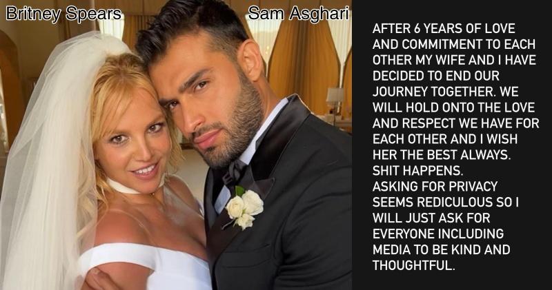 Britney與老公Sam離婚，男方送上祝福，美媒卻爆他曾遭家暴的詳情。（網上圖片）