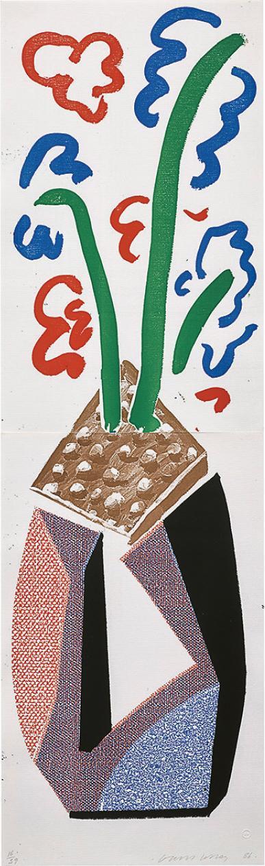 《紅色、藍色和綠色花朵》--作者：David Hockney，創作年份：1986，規格：手製版畫（共兩組）（71.1×21.6厘米），特色：作者近年迷上花卉主題，用明亮和歡愉色彩刻劃靜物，廣受藏家和藝術愛好者追捧（拍賣行提供）
