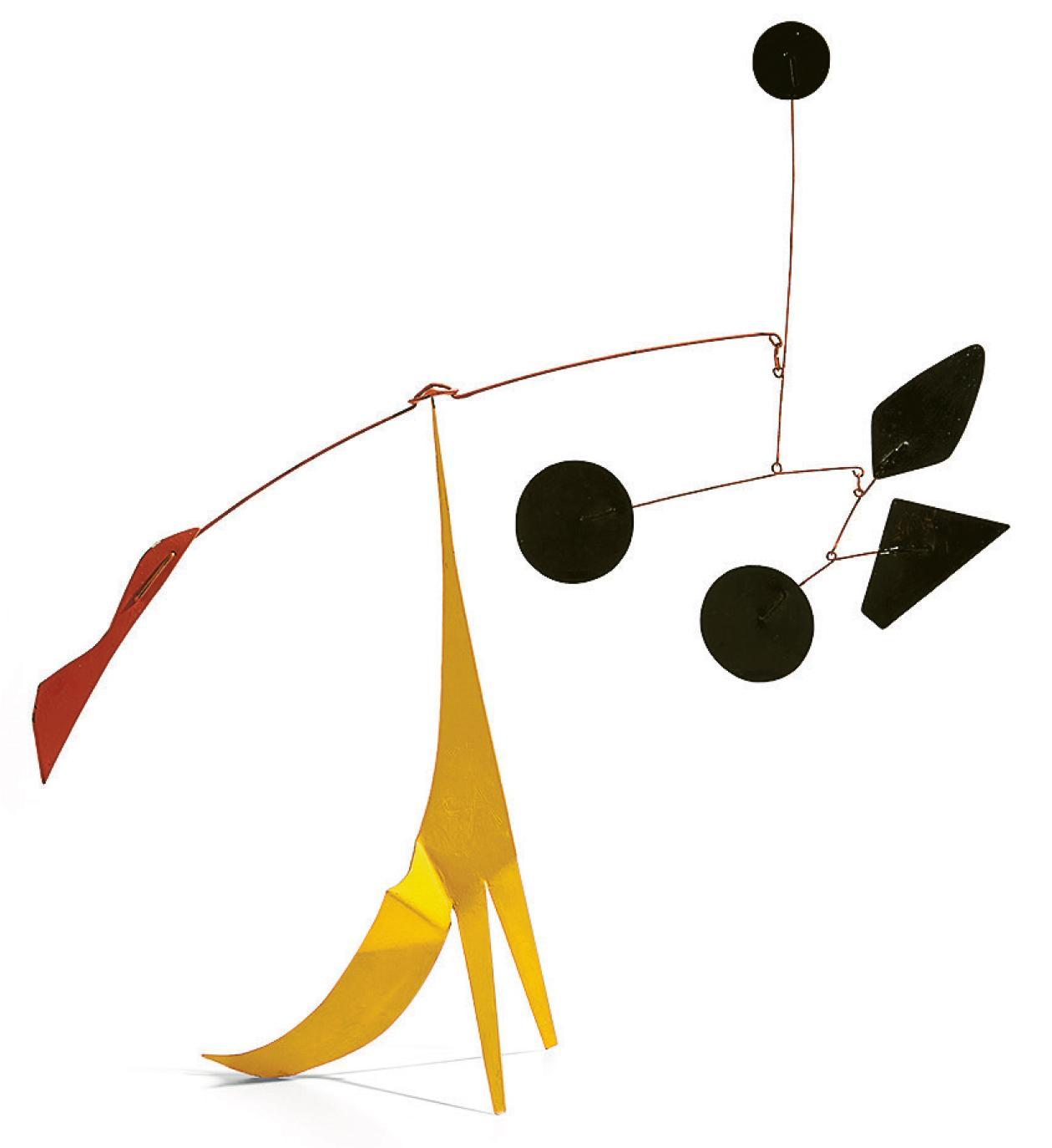 《一條黃色皺紋》--作者：Alexander Calder，創作年份：1975，規格：金屬片、鐵線、油漆（76.2×83.8×25.4厘米），特色：作品是可放置於平面的立式動態雕塑，採用藝術家常用的經典紅、黃及黑色配置，充滿趣味（拍賣行提供）