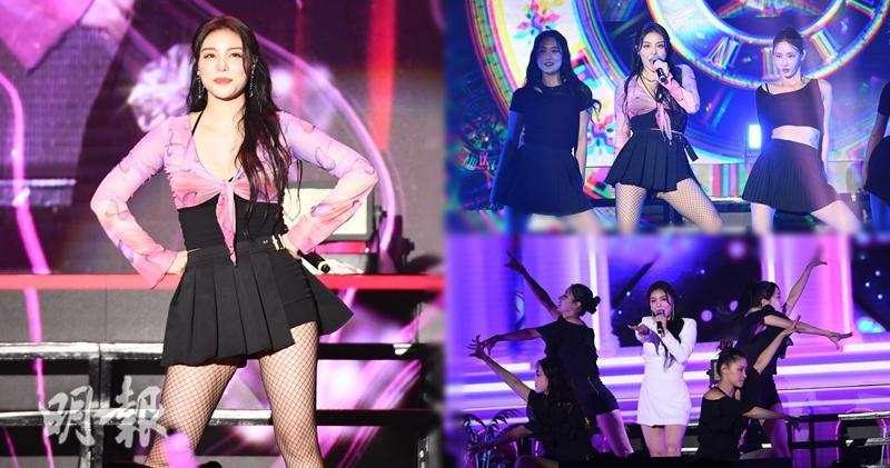有「韓國鐵肺歌后」之稱的女歌手Ailee，昨晚在演唱會上落力跳唱，揚言下次來港開騷要唱足5個小時。（林祖傑攝 / 明報製圖）