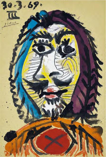 《男子頭像》作者：畢加索 創作年份：1969 規格：油彩、瓷漆、油畫棒、炭筆、紙板（39×26.5厘米）估價：700萬至1000萬人民幣（佳士得提供）