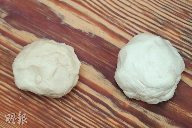 製作酥皮--酥皮由水油麵（右）及油酥（左）重複交疊再捲成，水油麵是麵粉、水、豬油及麥芽糖搓揉而成，油酥則是混入葱油的麵糰。（黃志東攝）