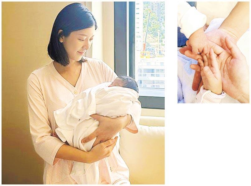余香凝（左圖）分享一家四口手疊手照片（右圖），宣布細仔已出世，又開心順利餵母乳。