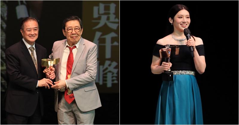 胡楓頒獎予吳仟峰，梁非同獲優秀年青演員獎。（大會提供/明報製圖）