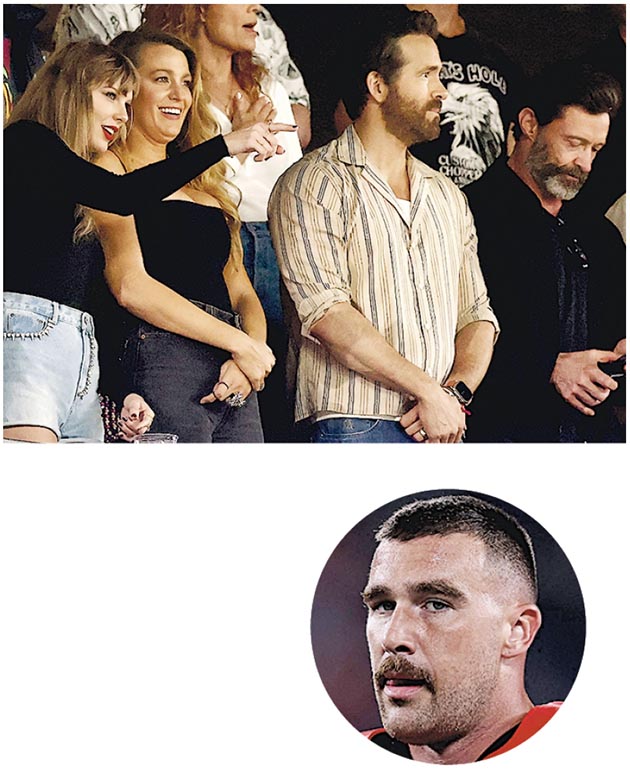 曉治積曼（右起）、賴恩雷諾士、碧琪麗芙莉入場看Taylor Swift緋聞男友Travis Kelce（圓圖）比賽，據悉後者社交網追隨者一周內急增86萬。（法新社）